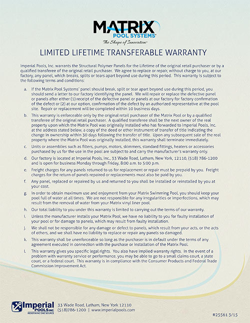 Matrix Pool Systems Warranty #25561